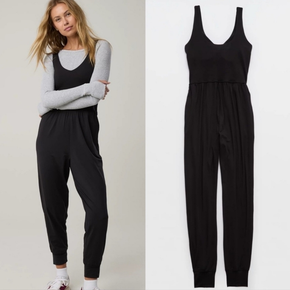 Aerie Jumpsuit Drawstring Waist Tapered Cuff Hem Romper Black Size Large - Picture 15 of 15